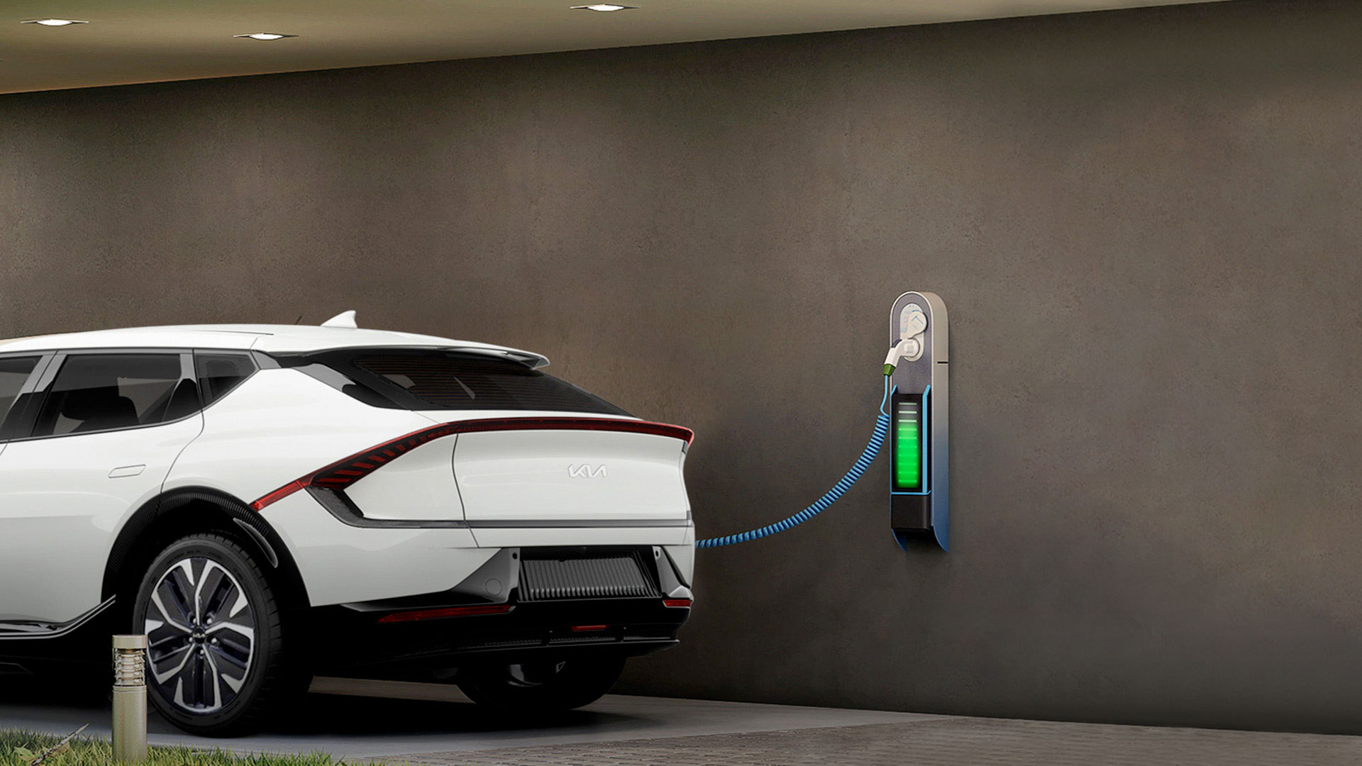 EV6 being charged with a charger installed on a wall